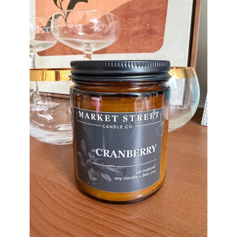 Market Street Candle Co Cranberry 8oz Amber Soy Candle All Natural Wax Jar